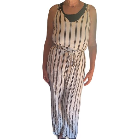 Shoreline Womens Striped Wide Leg Jumpsuit Small Black White Sleeveless O-Ring - Picture 8 of 9